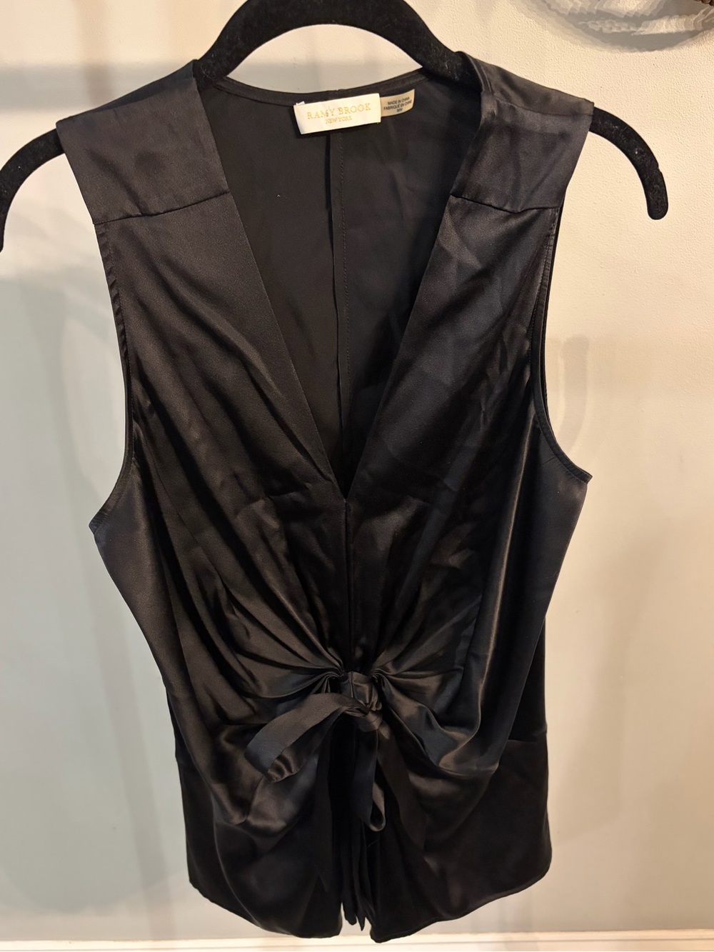 Ramy Brook Black Satin sleeveless Tie-Front blouse size medium